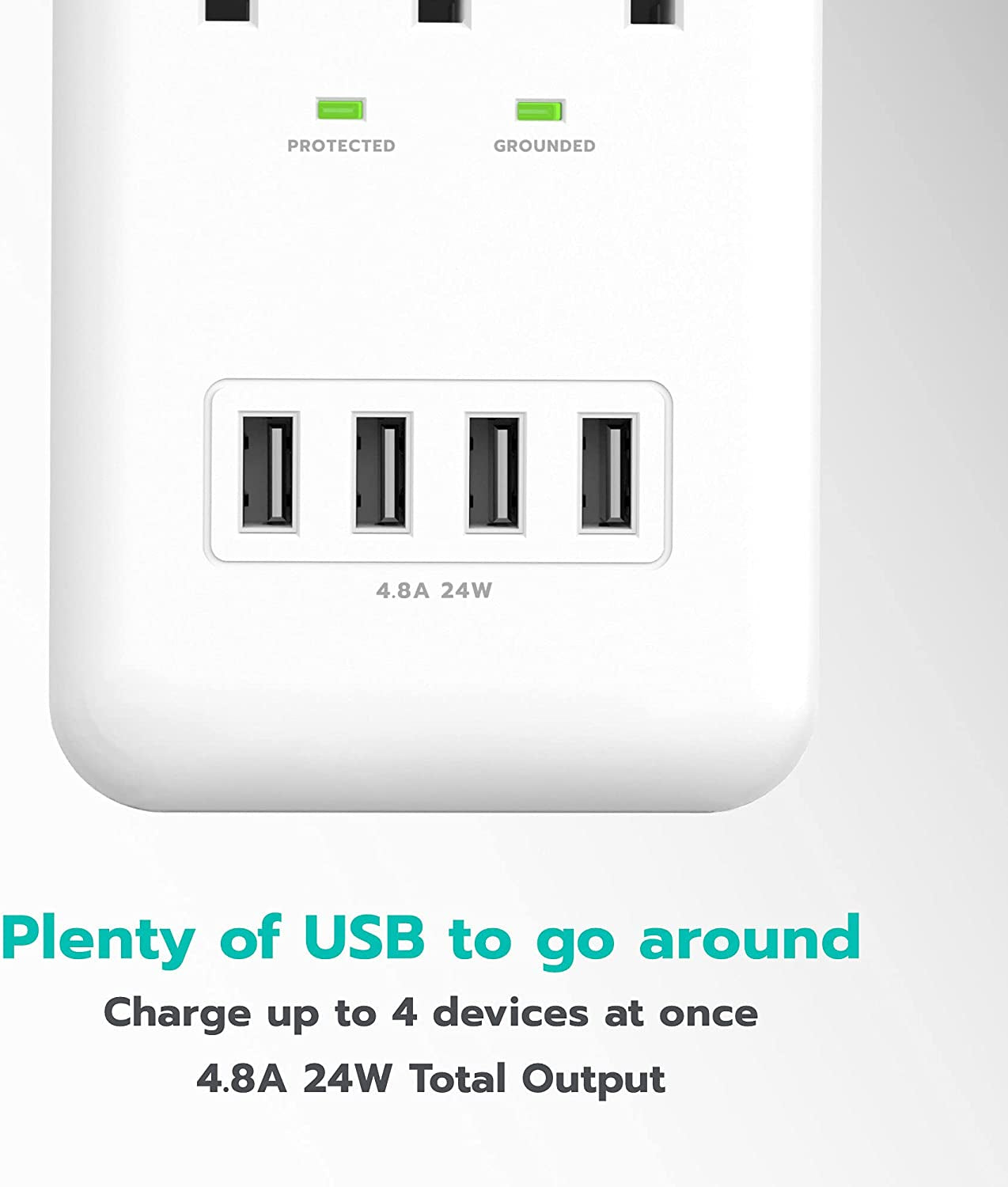 3-Outlet Wall Mount Surge Protector, 900 Joules, 4 USB 4.8 AMP USB Charging Ports, Phone Holder Cradle for Home, School or Office, ETL Certified
