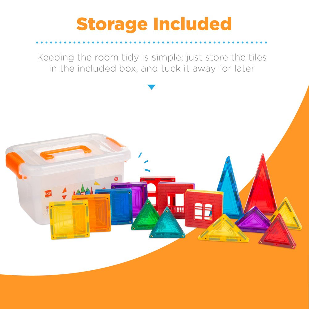32-Piece Colorful Kids Mini Magnetic Tiles Educational STEM Toy Set W/ Carrying Case, Rounded Edges