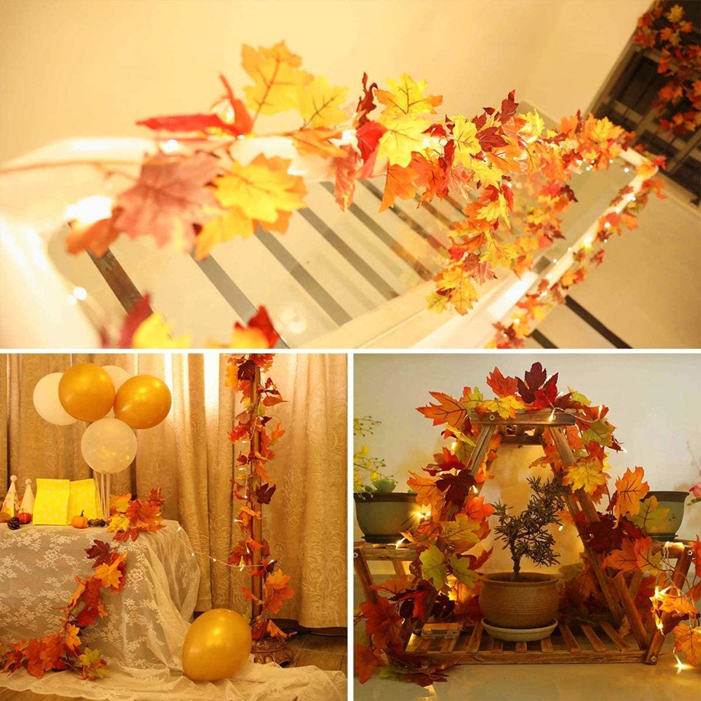 2 Pack Fall Maple Garland with 40 LED for Home Wedding Party Christmas - 5.8Ft/Pc