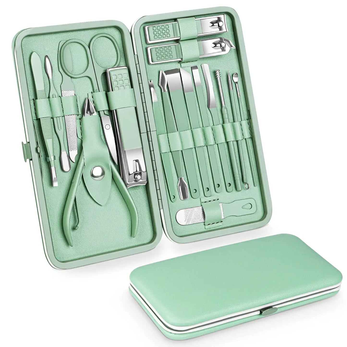 Deluxe 18 Pcs Stainless Steel Professional Manicure Pedicure Set - Nail Clippers Travel Hygiene Nail Cutter Care Set with Leather Case
