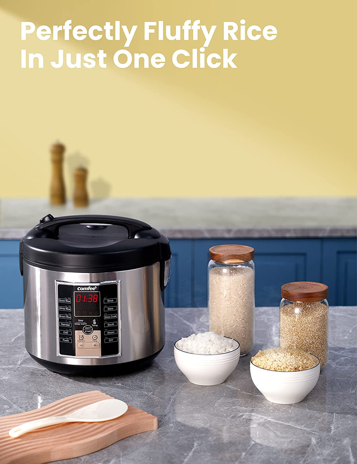 COMFEE' Rice Cooker, Slow Cooker, Steamer, Stewpot, Saute All in One (12 Digital Cooking Programs) Multi Cooker (5.2Qt ) Large Capacity, 24 Hours Preset & Instant Keep Warm