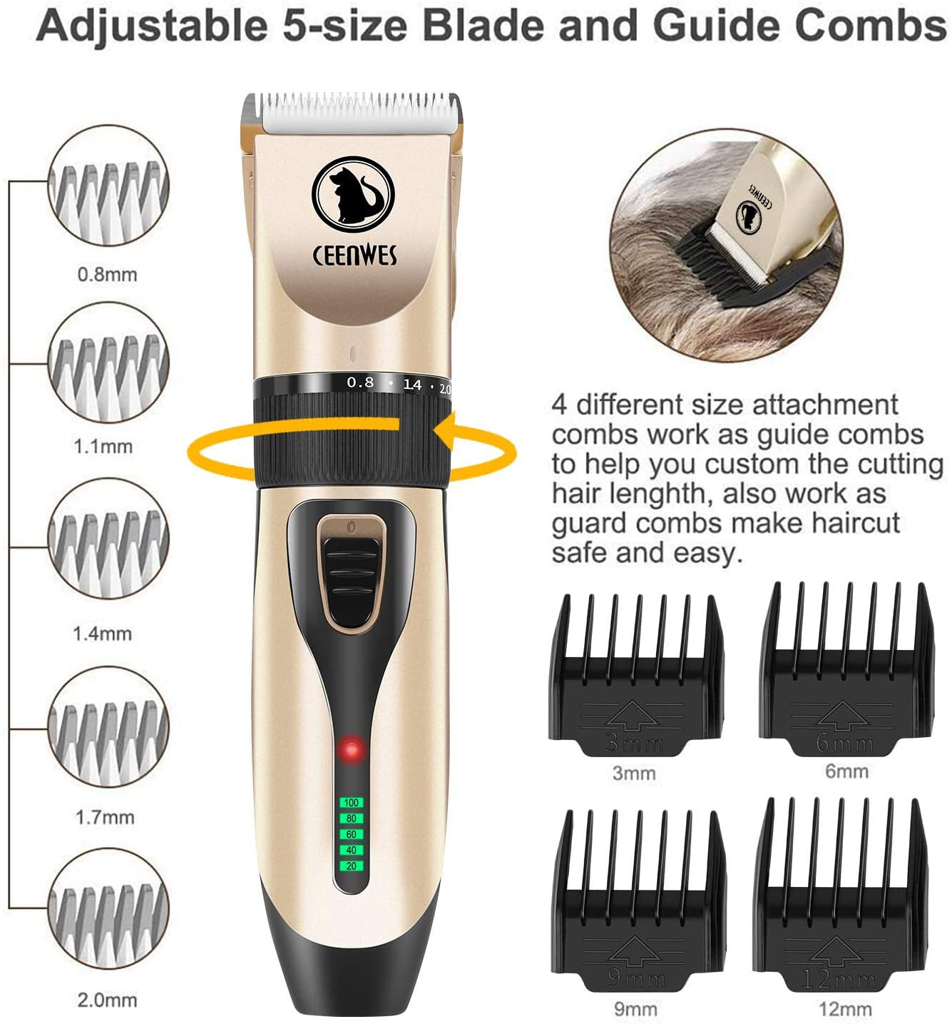 Dog Clippers Cordless Dog Grooming Kit Professional Horse Clippers Detachable Blade with 4 Comb Guides,Low Noise Pet Clippers Rechargeable Pet Grooming Tools for Small & Large Dogs Cats Horse Pets
