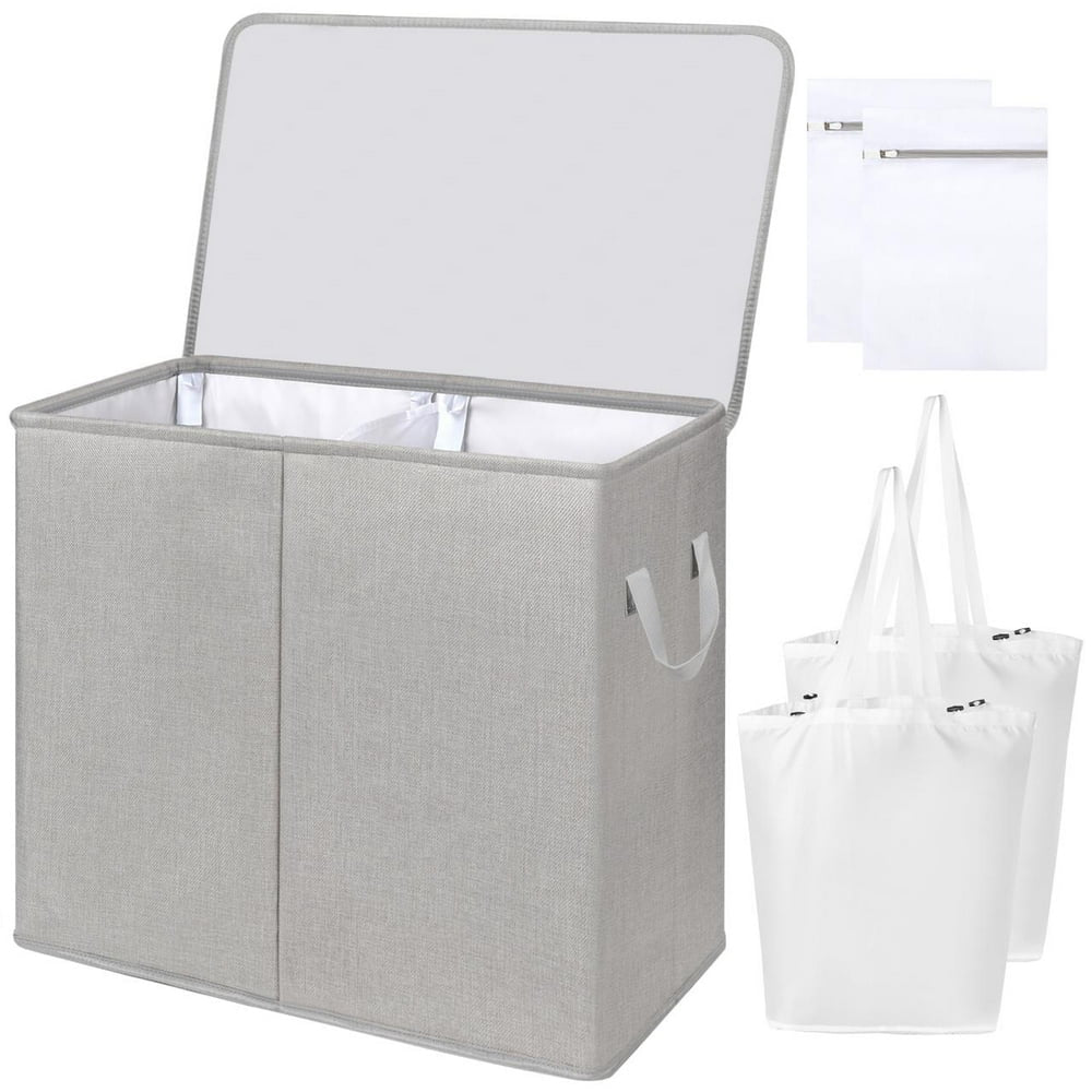 Double Laundry Hamper with Lid and Removable Laundry Bags, Large Collapsible 2 Dividers Dirty Clothes Basket with Handles for Bedroom, Laundry Room, Closet, Bathroom, College, Dark Gray