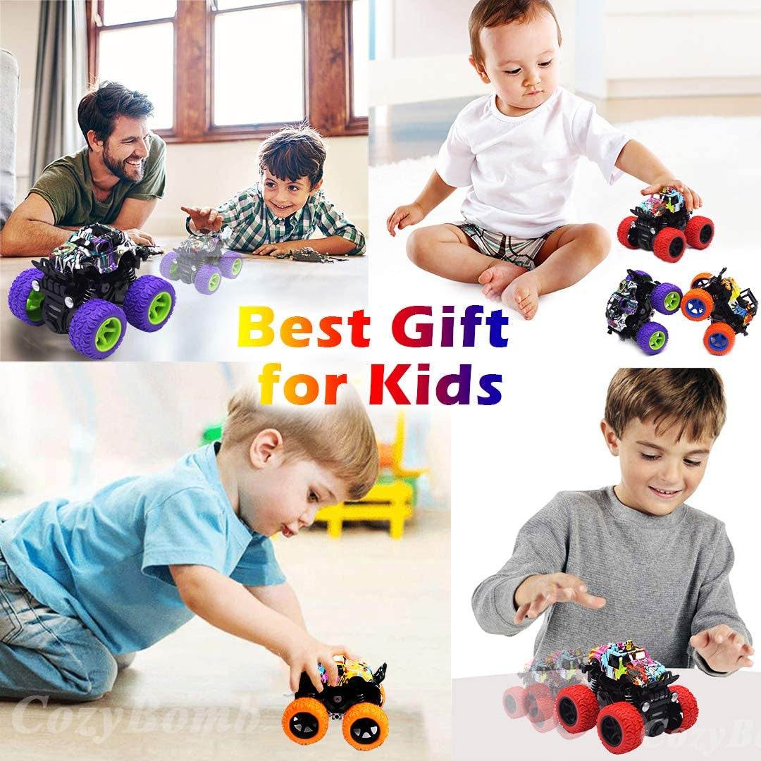 Monster Trucks Toys for Boys - Friction Powered 3-Pack Mini Push and Go Car Truck Playset for Boys Girls Toddler Aged 3 4 5 Year Old Gifts for Kids Birthday Christmas (Purple, Red, Orange, 3-Pack)