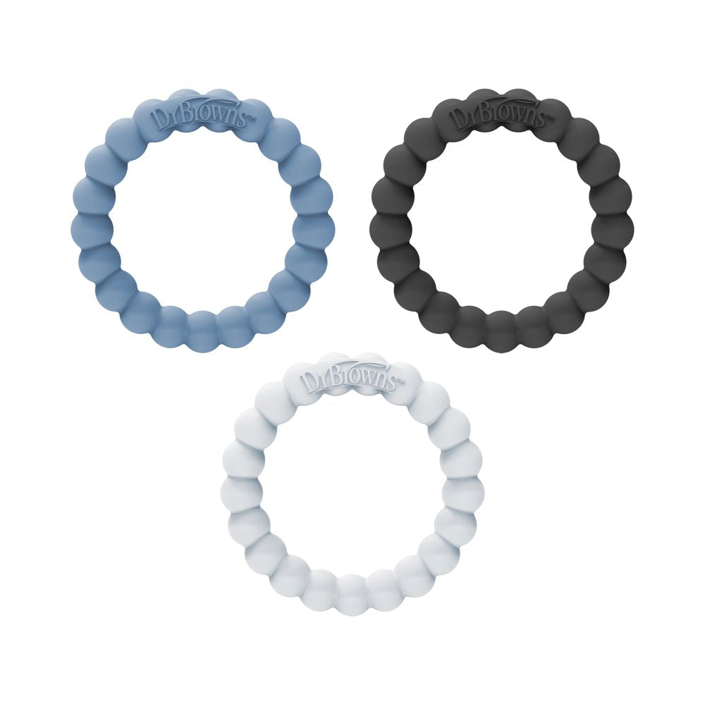 Dr. Brown’S Flexees Beaded Teether Rings, 100% Silicone, Soft & Easy to Hold, Encourages Self-Soothe, 3 Pack, Pink, White, Gray, BPA Free, 3M+