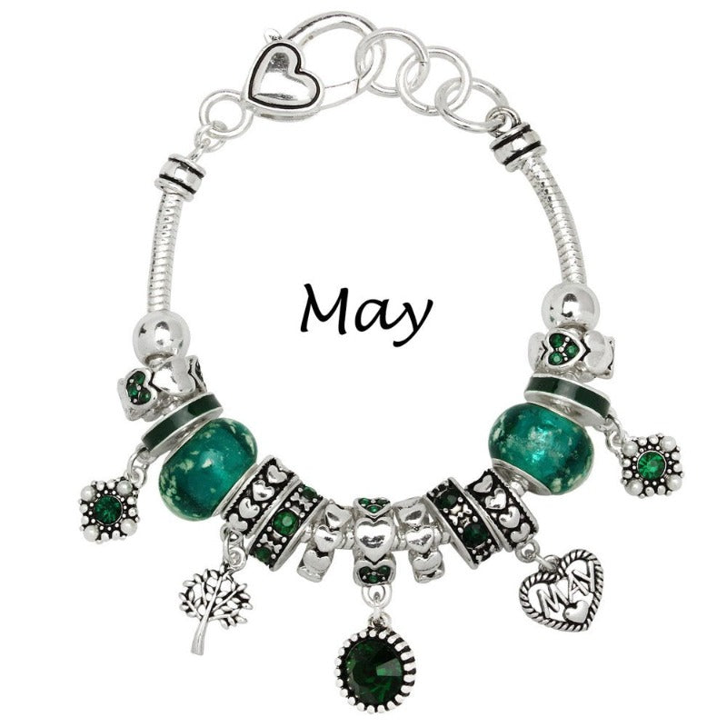 Birthstone Bracelet Multi-Color Charm Beads Silvertone