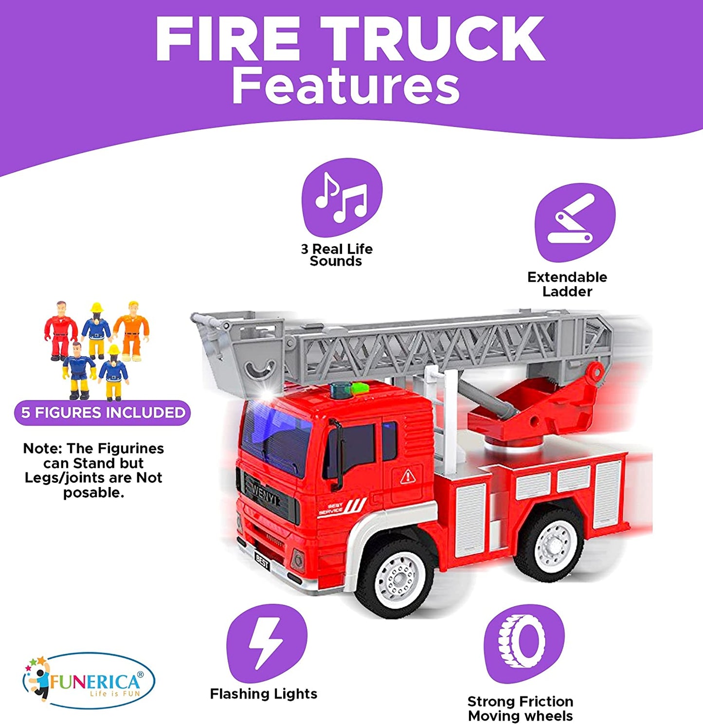 Fire Truck Toy with Lights, Sounds, Sirens, Extendable Ladder, Powerful Friction Wheels, 5 Firemen, Firefighter Figures - Red Mini Firetruck Engine for Toddlers, Kids, Boys, Girls Ages 3-7
