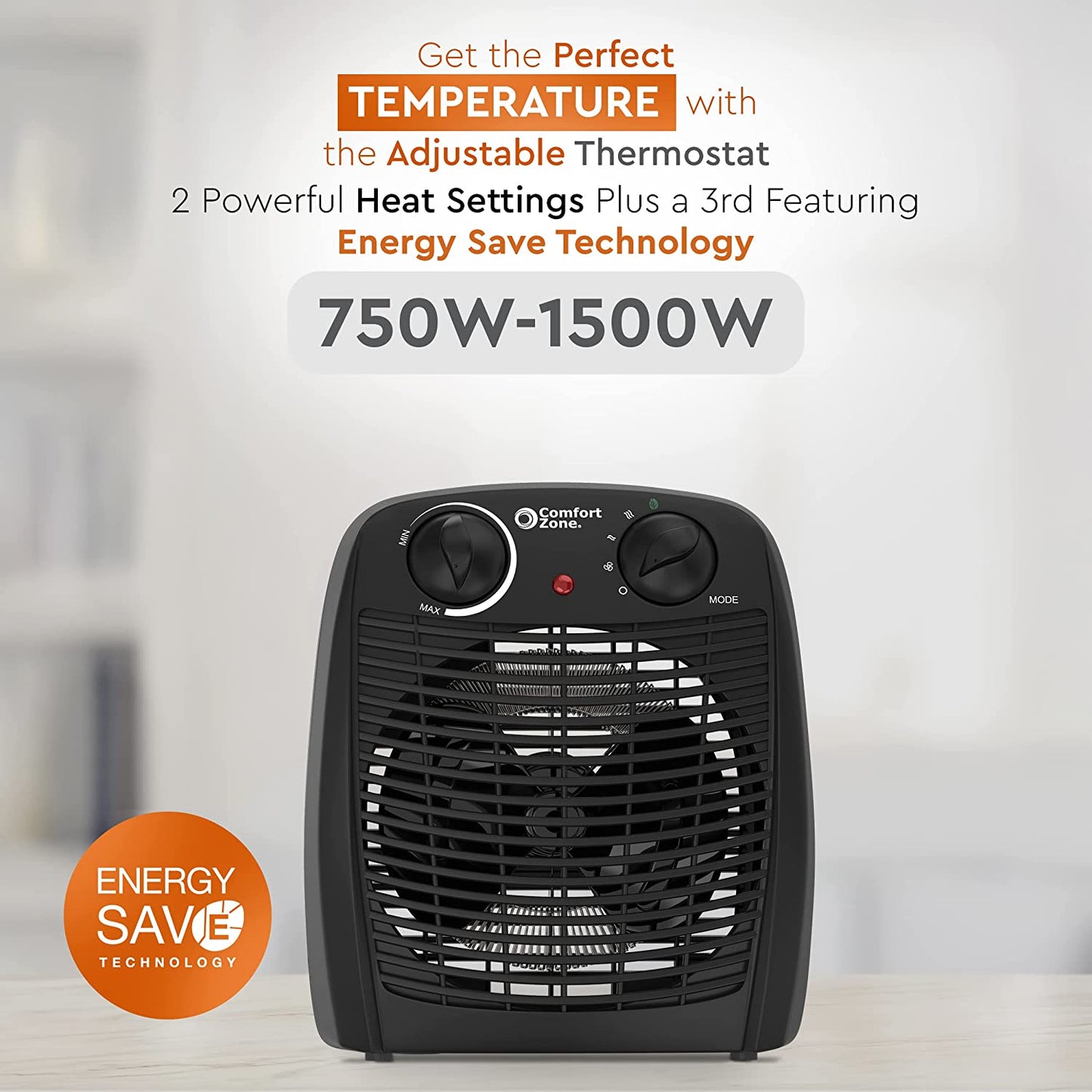 Comfort Zone CZ45E Personal Heater, 1500W with Adjustable Thermostat , Energy Saving, with Overheat Safety Sensors and Tip-Over Switch