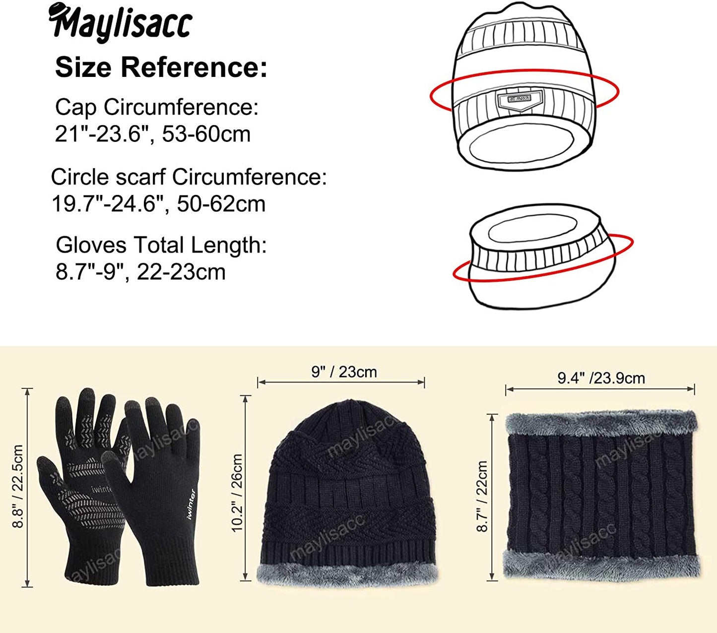 Winter Knit Sherpa Beanie Hat & Neck Warmer Scarf & Touch Screen Gloves Set 3 Pcs Sherpa Lined Skull Cap for Men Women