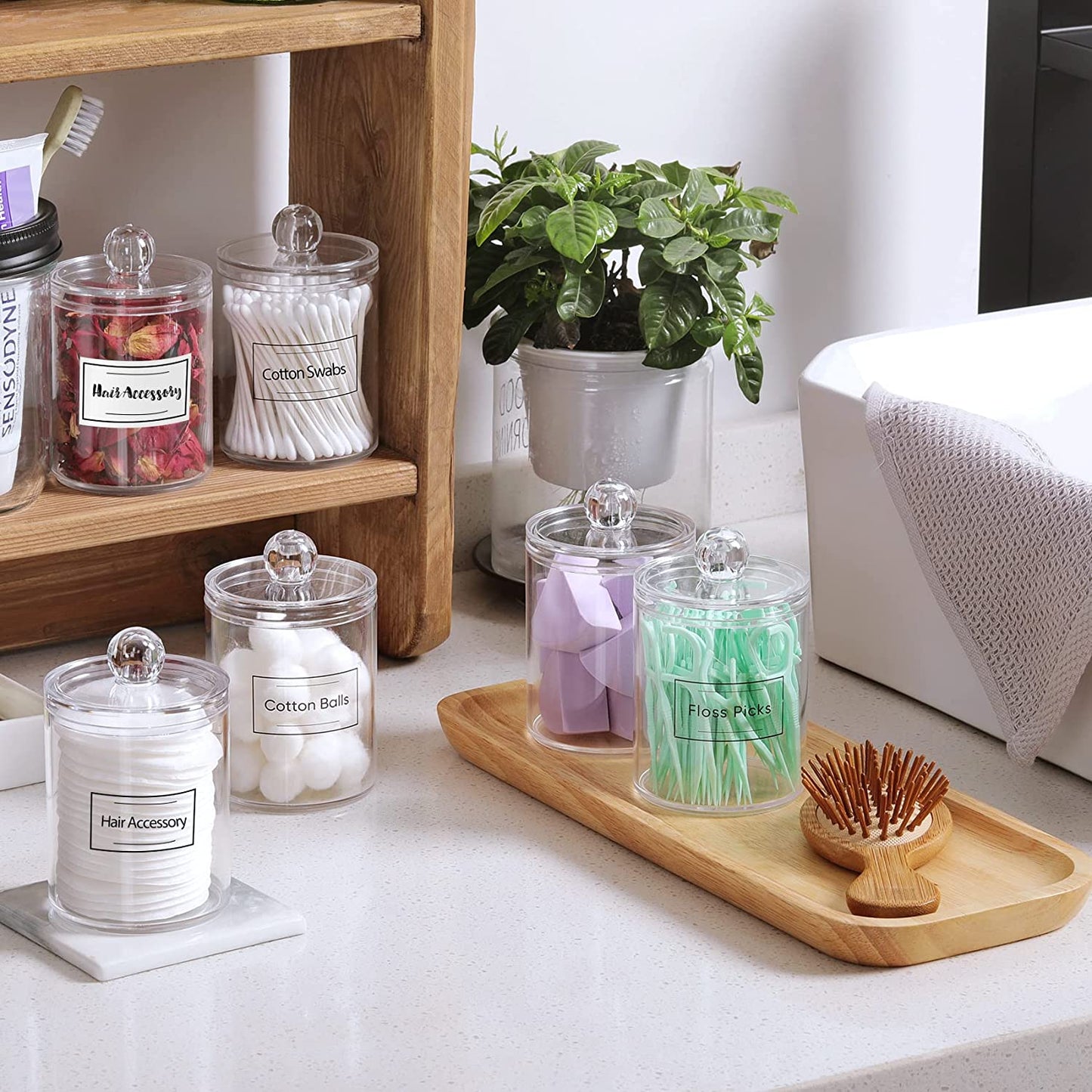 6 Pack Clear Plastic Apothecary Jar Set for Bathroom Canister Storage Organization