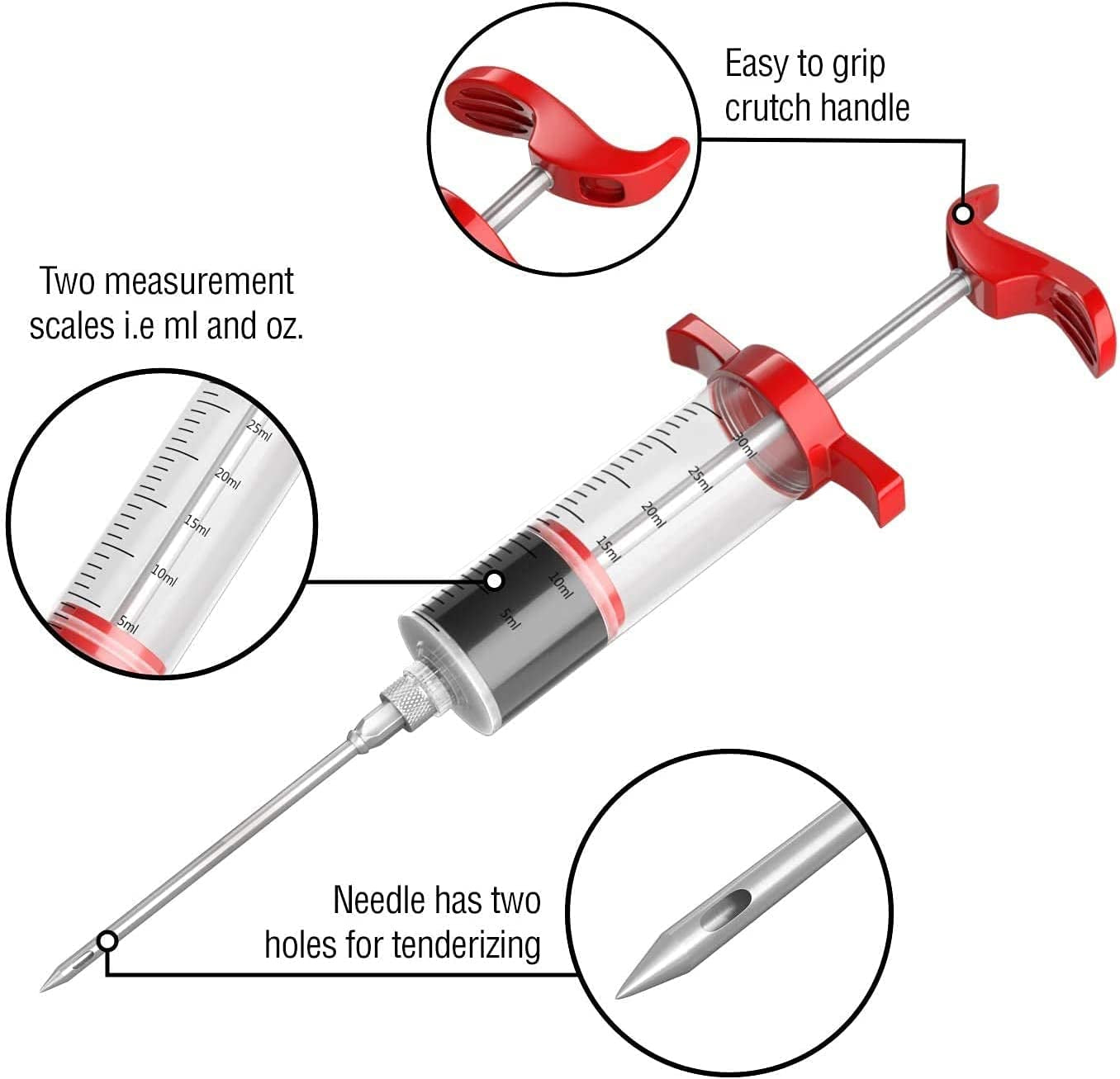 Meat Injector Syringe,Stainless Steel Food Seasoning Syringe Kit with 1Pc Barbecue Brush, 2Pcs Needles and 1Pc Needles Cleaner, Great for BBQ, Grilling, Baking and Cooking