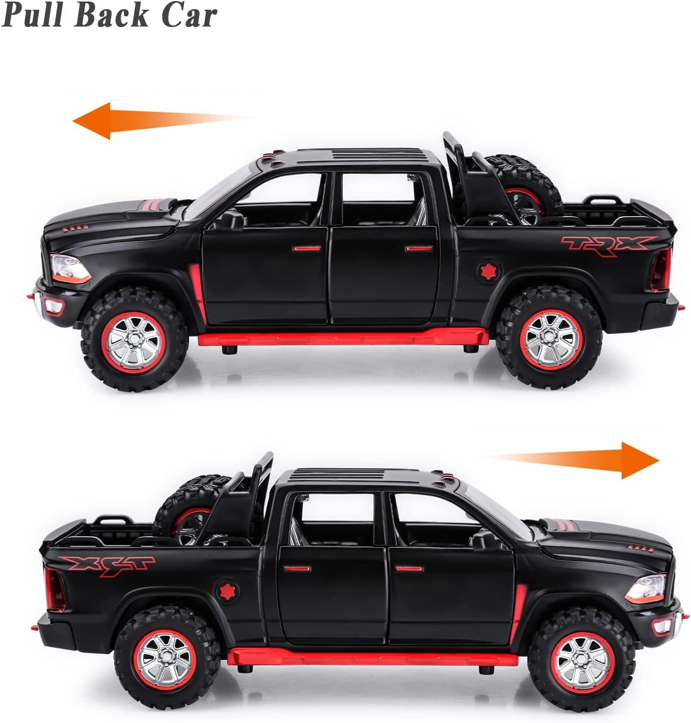 Toy Trucks for Boys RAM TRX 1500 Diecast Metal Pickup Truck Toys Pull Back Model Cars with Light and Sound for Kids Aged 3-7(Black)
