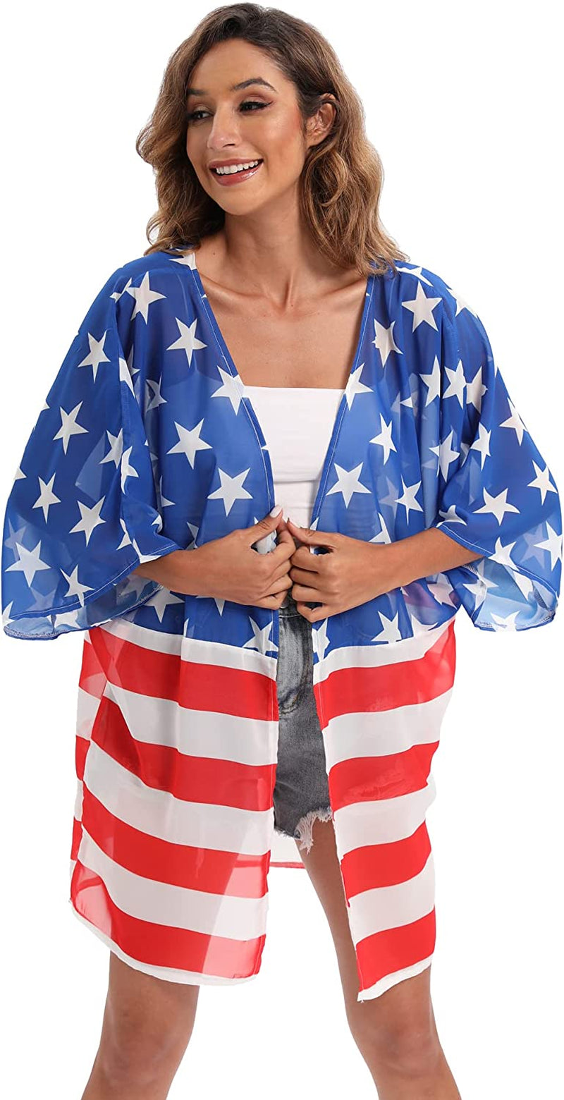 Women's American Flag Kimono Cover up Beachwear Cardigan Loose Tops Shirt Blouse
