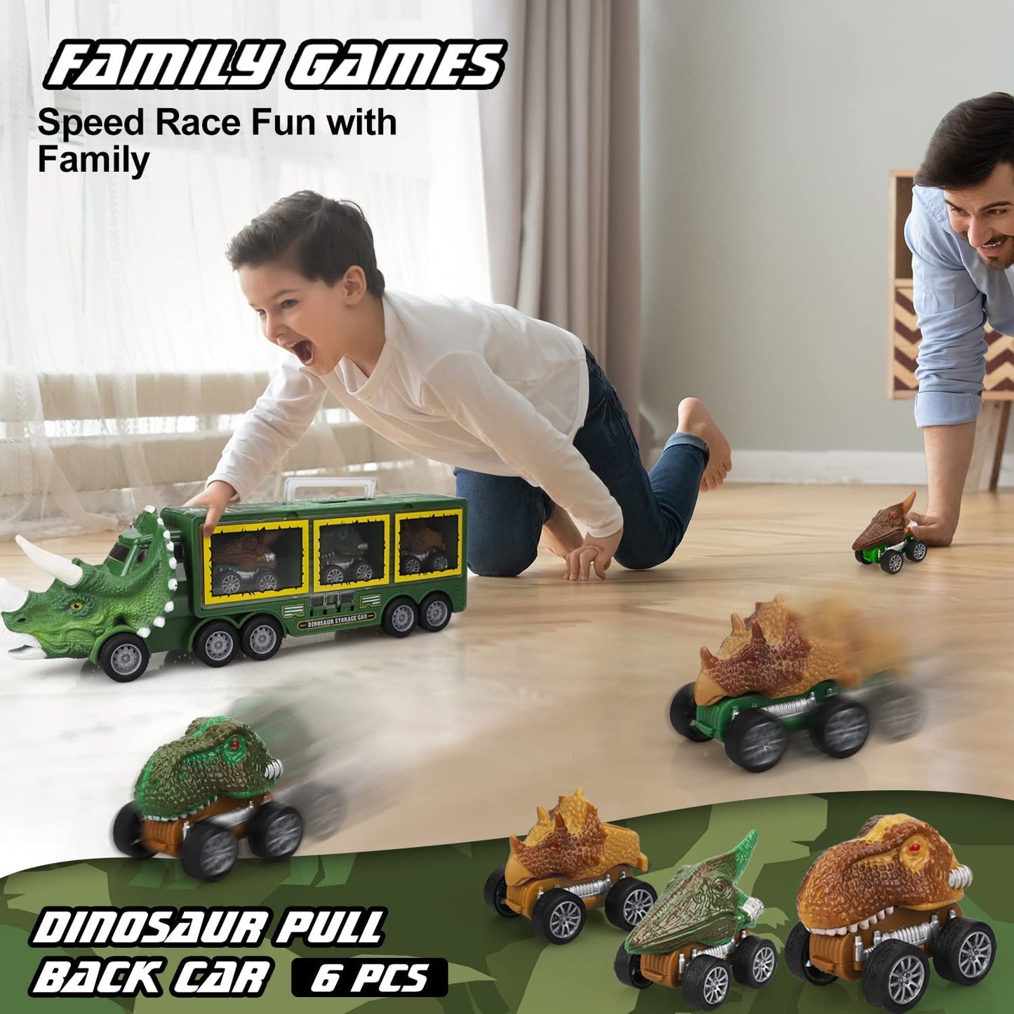 TOY Life Dinosaur Toys for Kids 3-7, Dinosaur Truck with 6 Pull Back Dinosaur Cars, 8 in 1 Dino Toys for Boys and Girls, Dinosaur Transport Truck with High Speed Launcher for Kids