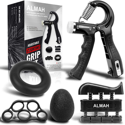 5 Pack Hand Grip Strengthener Kit, Grip Strength Trainer, Forearm Workout Trainer Adjustable Hand Grip Exercise, Finger Strength Exerciser, Finger Stretcher, Grip Ring & Stress Relief Ball with Carry Bag