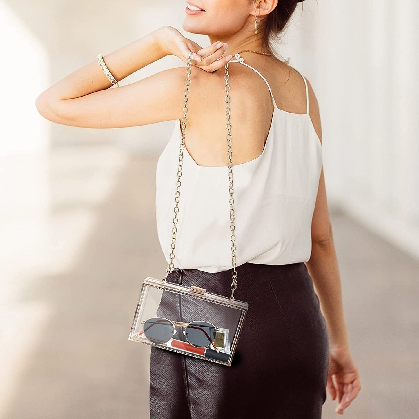 Women Clear Clutch Bag With Removable Gold Chain Strap