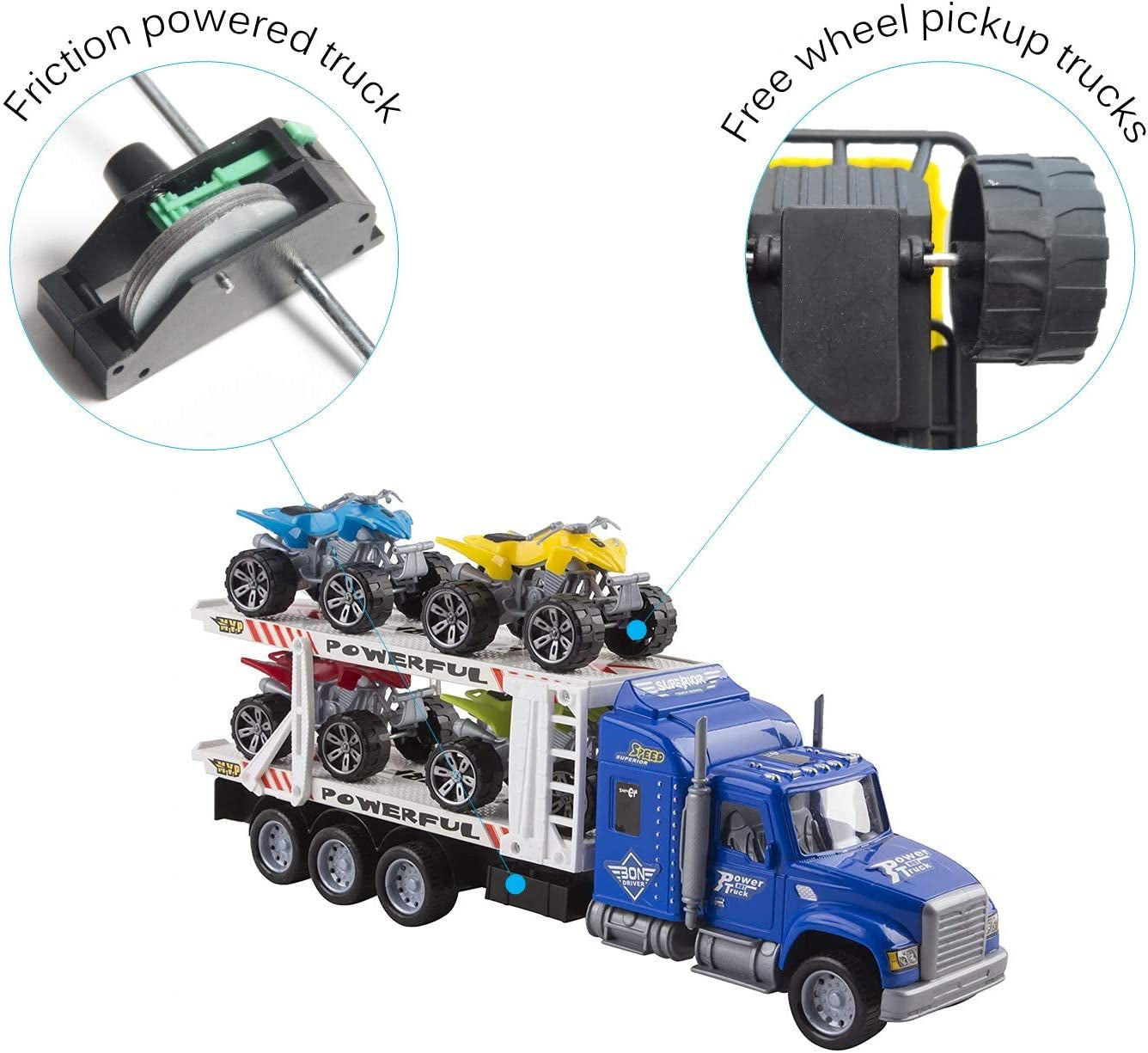 Semi Truck Trailer 15" Includes 4 Atvs Friction Carrier Hauler Kids Push and Go Big Rig Auto Transporter Vehicle Semi-Truck Car Pretend Play for Children Boys Girls Toddlers