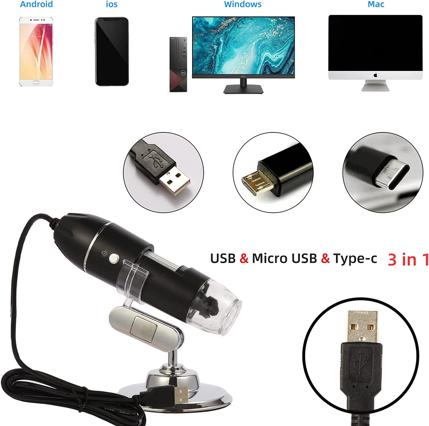 USB Digital Microscope, Handheld 50X-1600X Magnification Endoscope, 8 LED Mini Video Camera