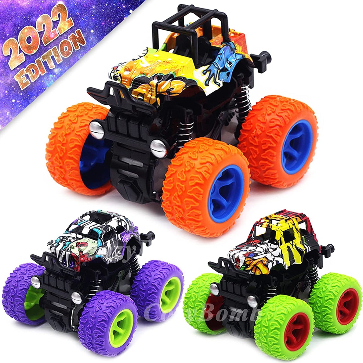 Monster Trucks Toys for Boys - Friction Powered 3-Pack Mini Push and Go Car Truck Playset for Boys Girls Toddler Aged 3 4 5 Year Old Gifts for Kids Birthday Christmas (Purple, Red, Orange, 3-Pack)