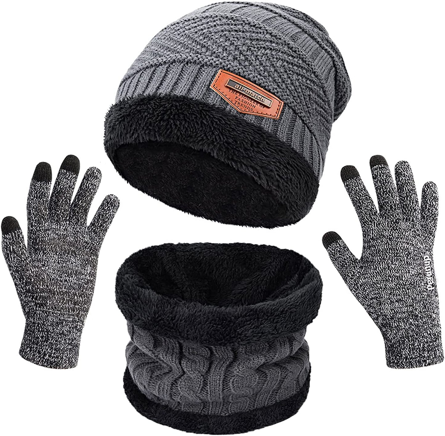 Winter Knit Sherpa Beanie Hat & Neck Warmer Scarf & Touch Screen Gloves Set 3 Pcs Sherpa Lined Skull Cap for Men Women