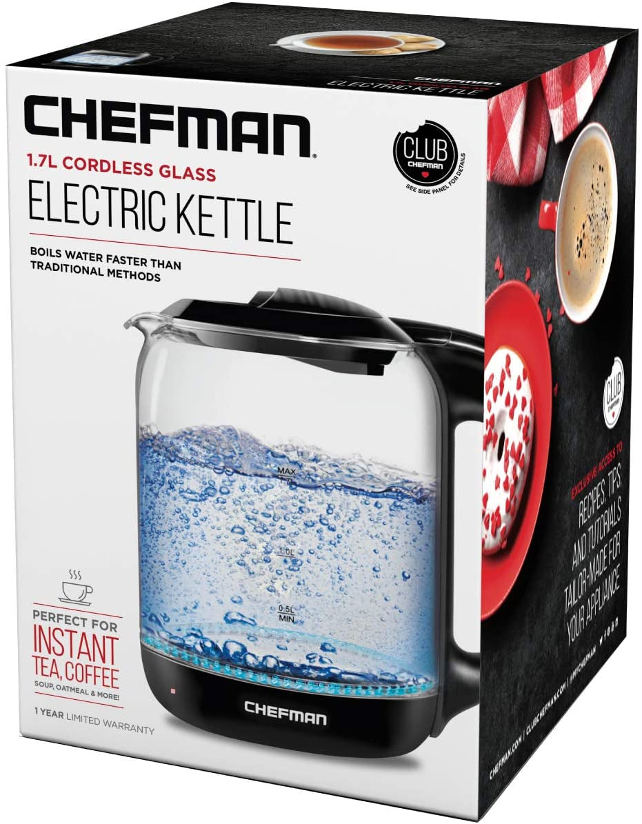 Chefman 1.7 Liter Electric Glass Tea Kettle, Fast Hot Water Boiler, One Touch Operation, Boils 7 Cups, Swivel Base & Cordless Pouring, Auto Shut-Off