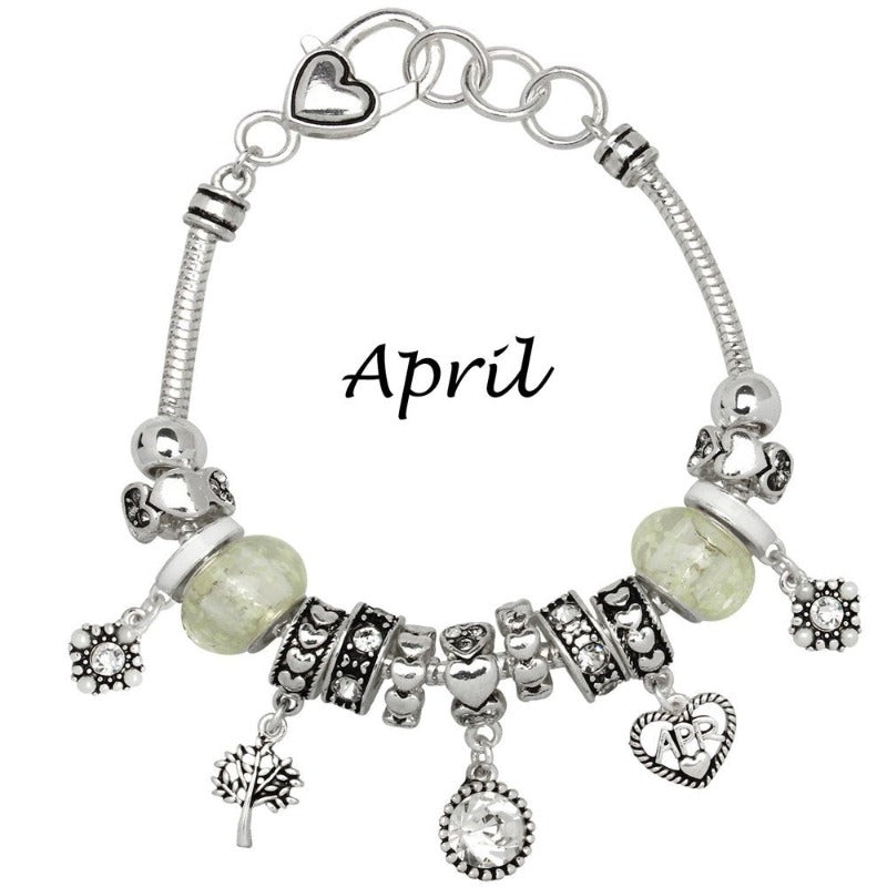 Birthstone Bracelet Multi-Color Charm Beads Silvertone