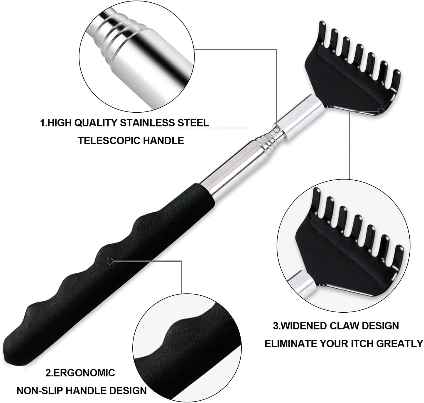 3 Pack Extendable Back Scratcher Portable Telescopic Back Massager Back Scratchers for Men Women Kids Adults, Back Scratching Tool with Rubber Handles
