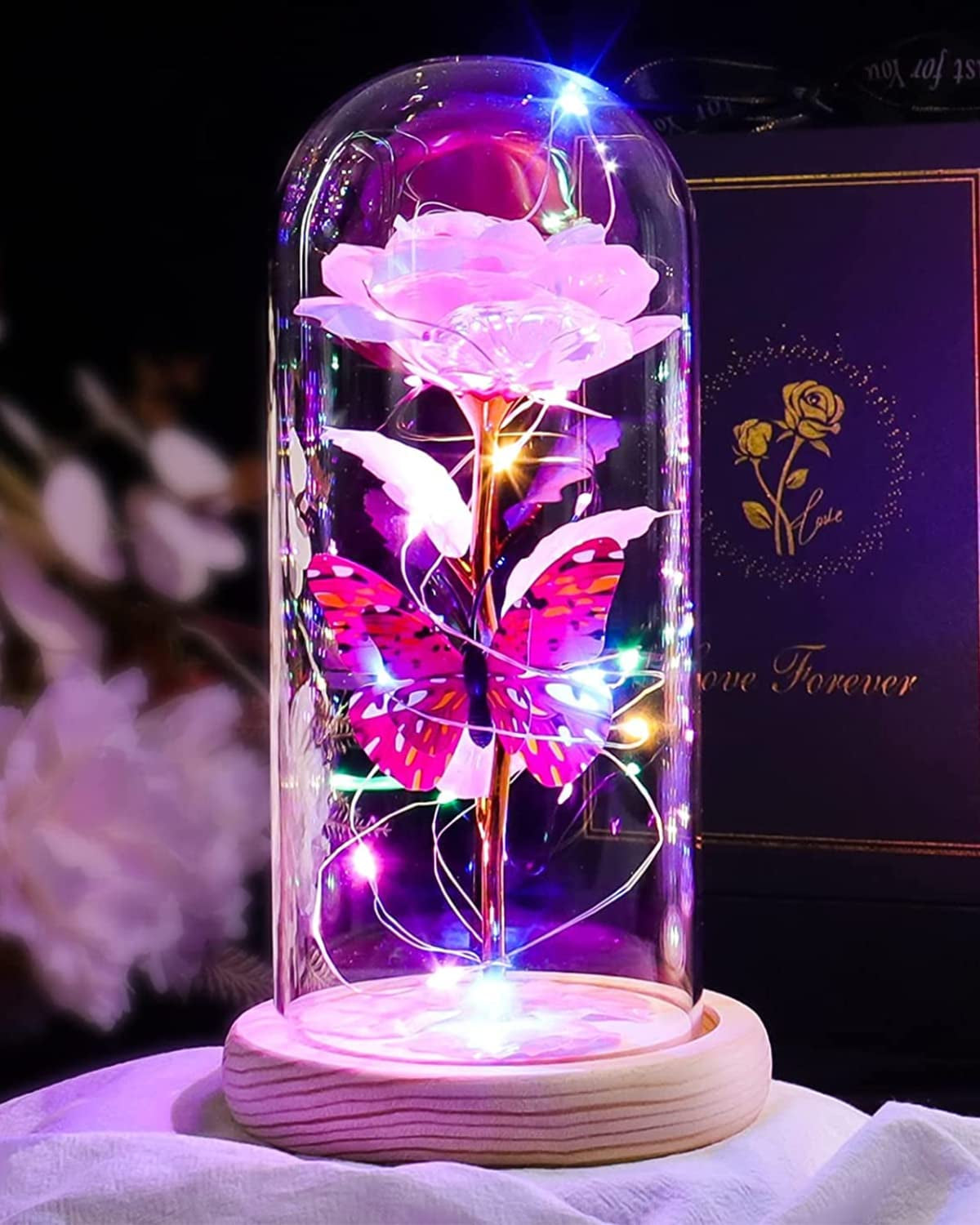 Galaxy Rose with Butterfly in Glass Dome for Her