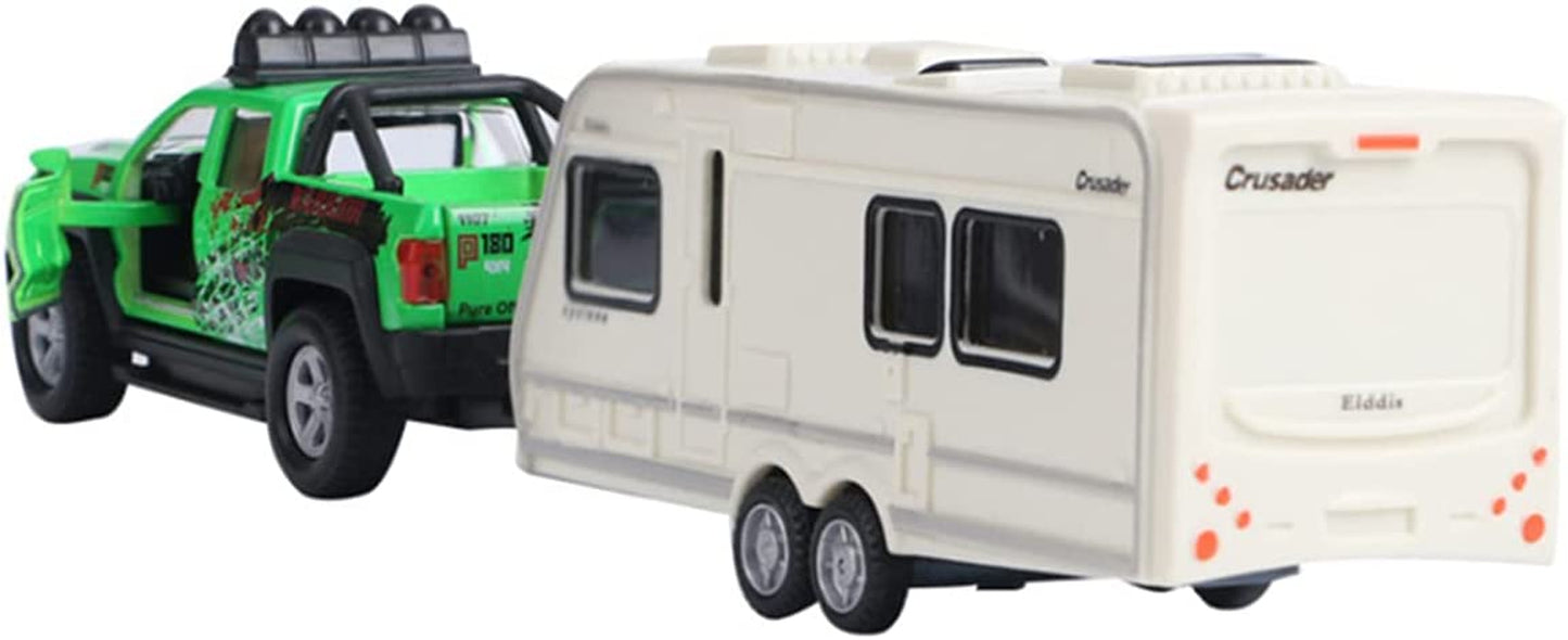 Monster Pickup Truck Trailer with Toy Camper RV Motorhome Toys for Boys Diecast Model Car Metal Toy Cars 1/36 Scale Off-Road SUV Pull Back Friction Powered Doors Open Light Sound Kids Gifts, Green