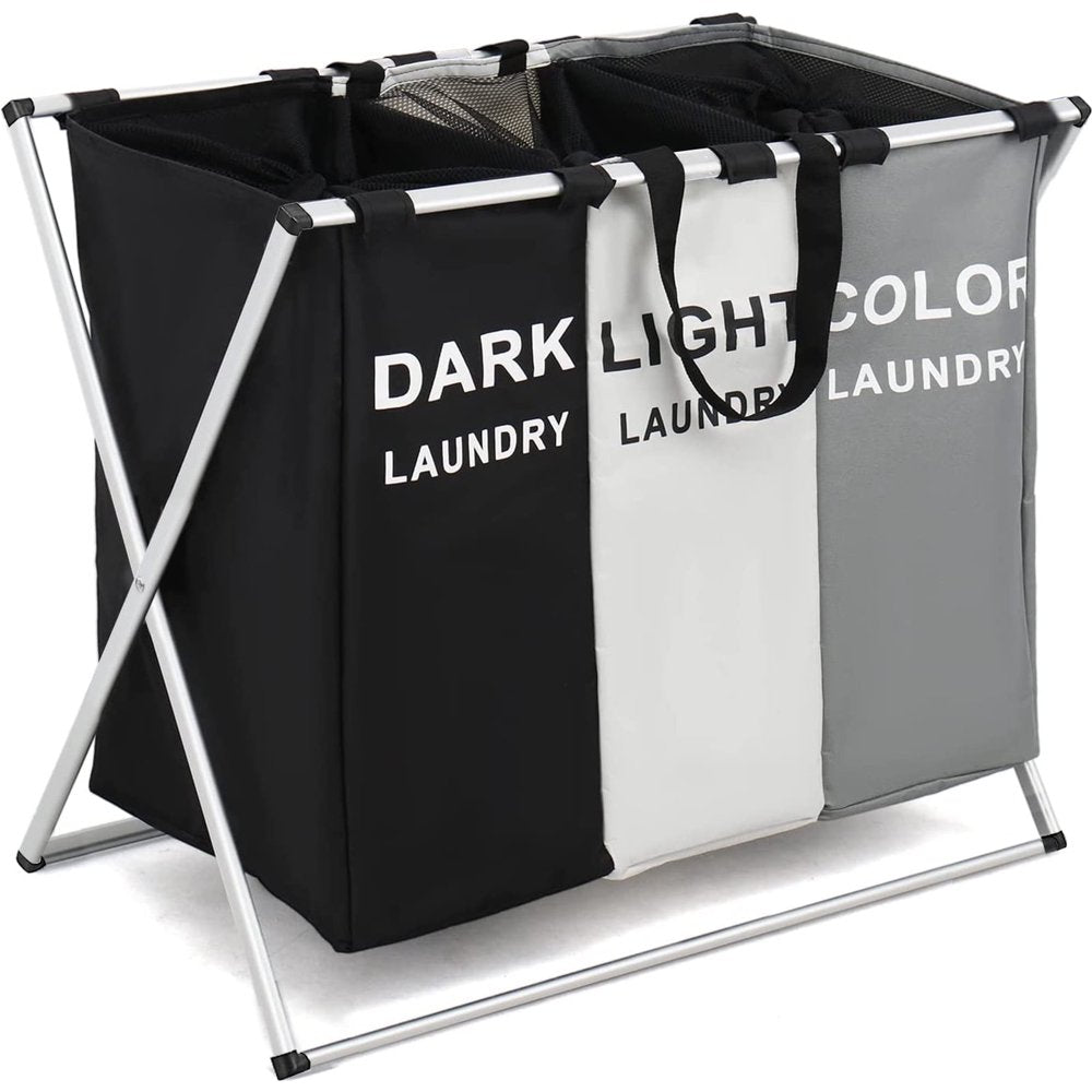 Double Laundry Hamper with Lid and Removable Laundry Bags, Large Collapsible 2 Dividers Dirty Clothes Basket with Handles for Bedroom, Laundry Room, Closet, Bathroom, College, Dark Gray