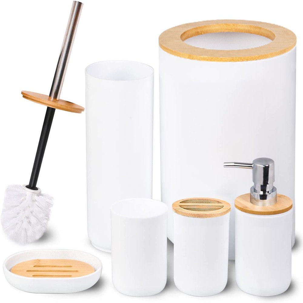 Bamboo Bathroom Accessory Set, 6 Pieces Bath Set- Soap Dish Toothbrush Holder Rinse Cup Lotion Bottle Trash Can Toilet Brush - Practical Toilet Kit for Home Washing Room,Black