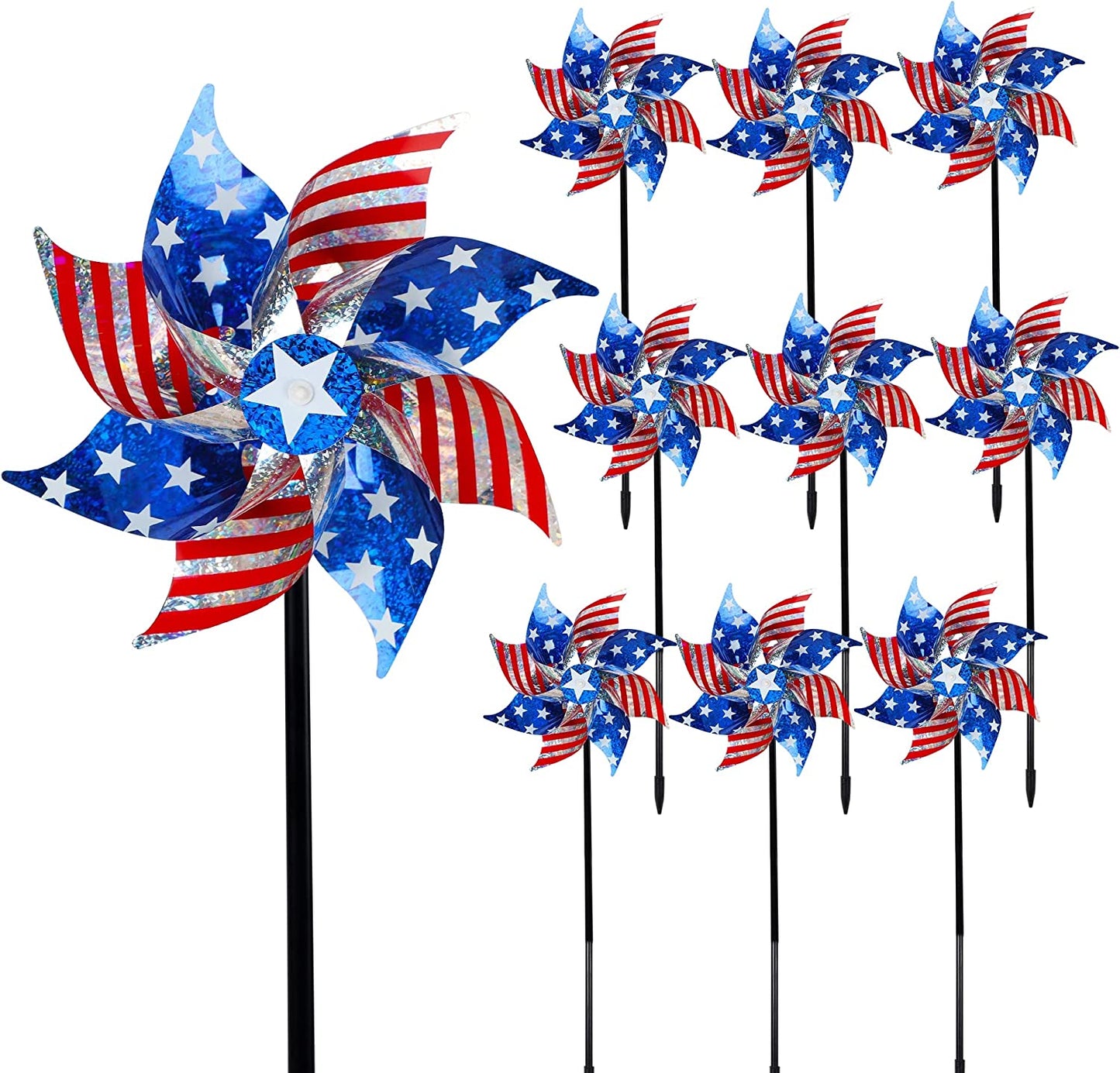 10 Pack Reflective Pinwheels Patriotic Decorations, American Flag on Stick Wind Spinner with Stake for Independence Day, Memorial Day July of 4th Party Supplies, Scare Birds Repellent Devices