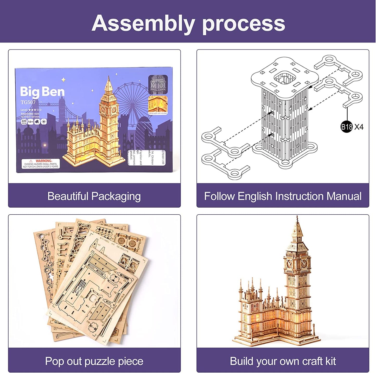 3D Puzzle for Adults Wooden Craft Kits for Teens DIY Construction Model Kit with LED Light to Build Educational Big Ben Set Toys
