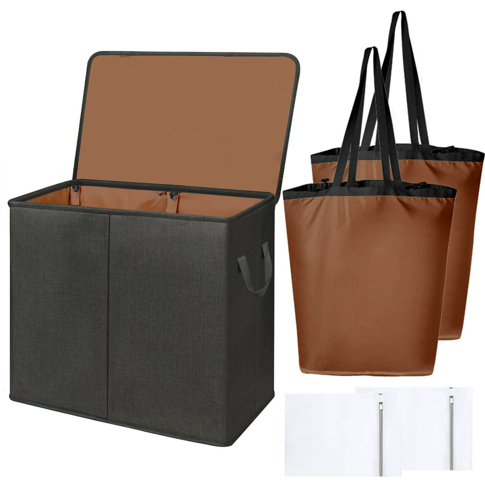 Double Laundry Hamper with Lid and Removable Laundry Bags, Large Collapsible 2 Dividers Dirty Clothes Basket with Handles for Bedroom, Laundry Room, Closet, Bathroom, College, Dark Gray
