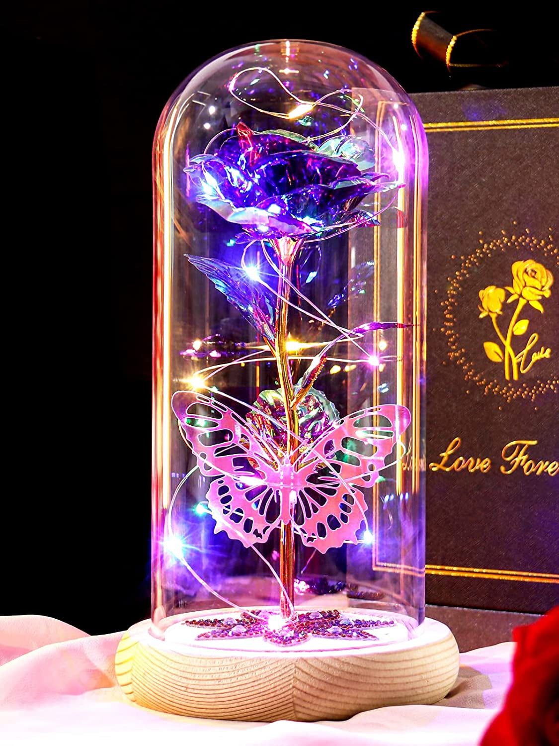 Galaxy Rose with Butterfly in Glass Dome for Her