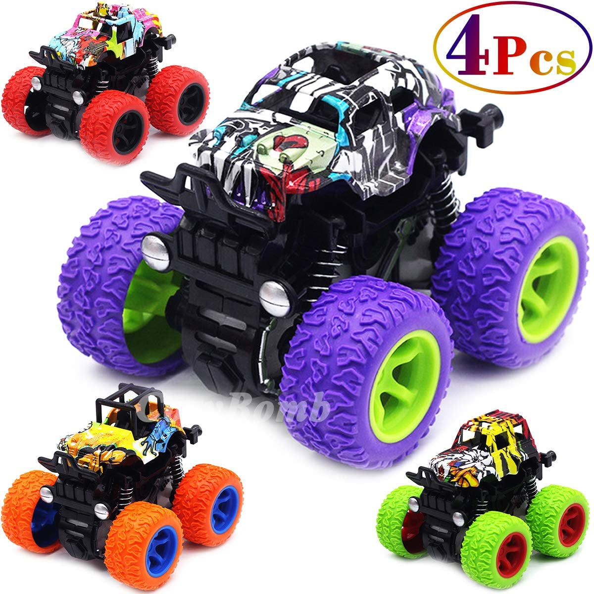 Monster Trucks Toys for Boys - Friction Powered 3-Pack Mini Push and Go Car Truck Playset for Boys Girls Toddler Aged 3 4 5 Year Old Gifts for Kids Birthday Christmas (Purple, Red, Orange, 3-Pack)