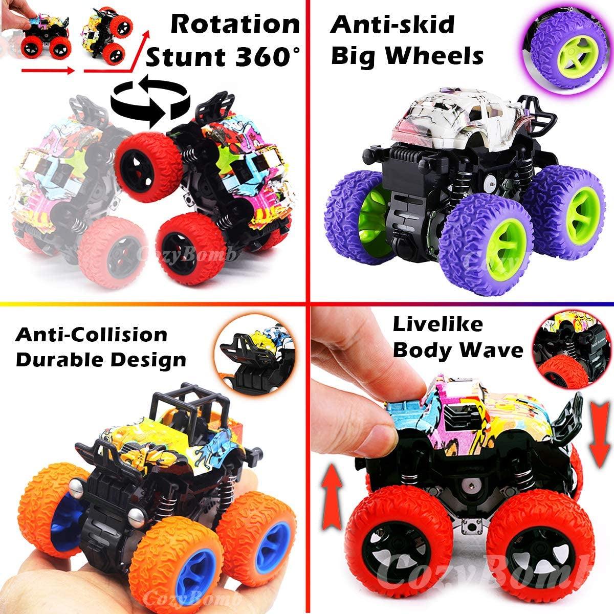 Monster Trucks Toys for Boys - Friction Powered 3-Pack Mini Push and Go Car Truck Playset for Boys Girls Toddler Aged 3 4 5 Year Old Gifts for Kids Birthday Christmas (Purple, Red, Orange, 3-Pack)