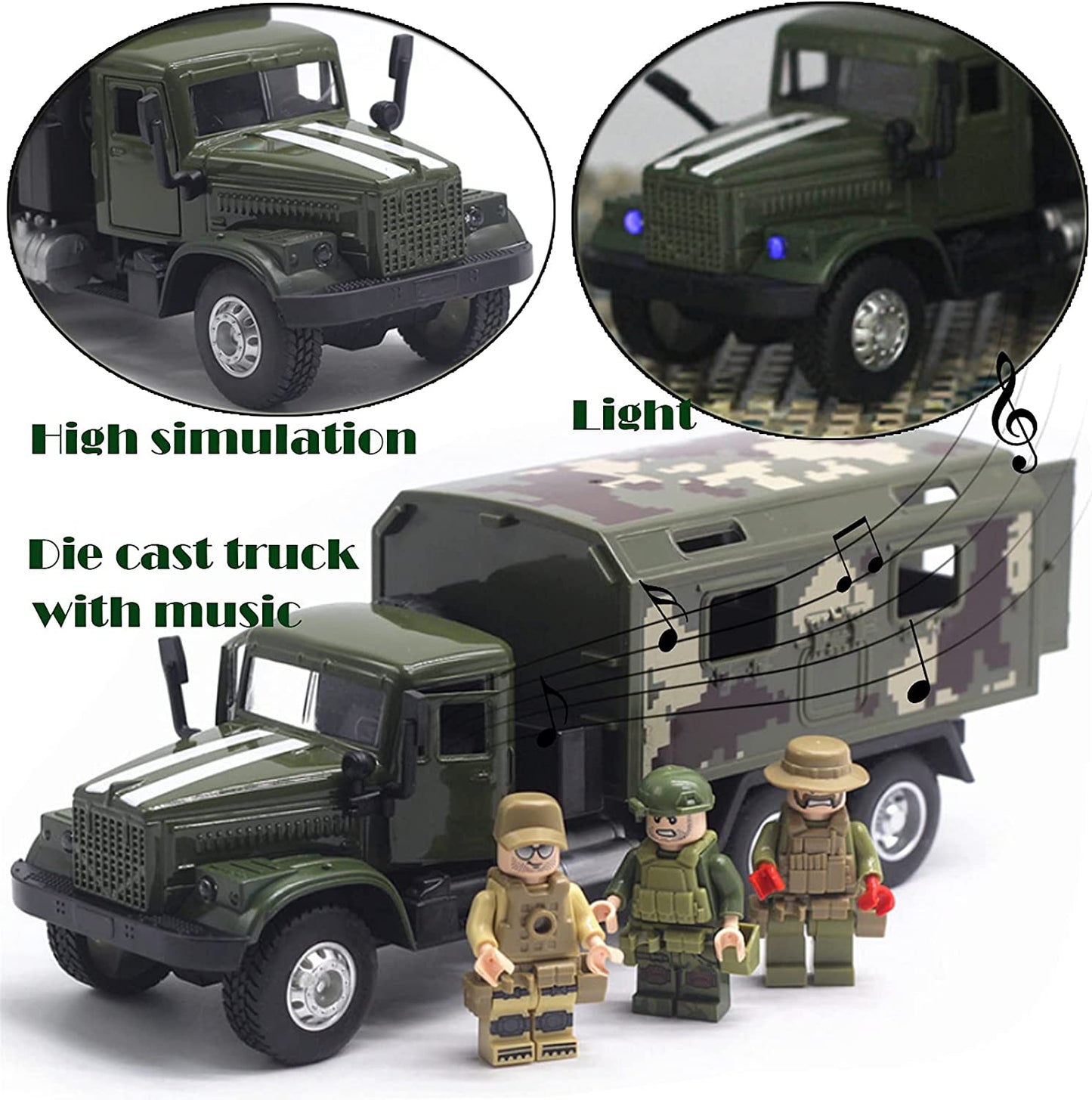 Military Truck Army Armored Model Car Treatment Transport Vehicle Metal Diecast Pull Back Toy with Lights and Sounds