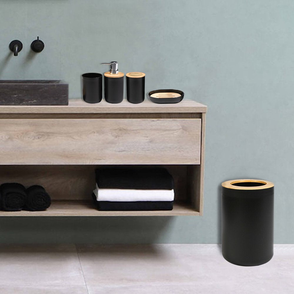Bamboo Bathroom Accessory Set, 6 Pieces Bath Set- Soap Dish Toothbrush Holder Rinse Cup Lotion Bottle Trash Can Toilet Brush - Practical Toilet Kit for Home Washing Room,Black