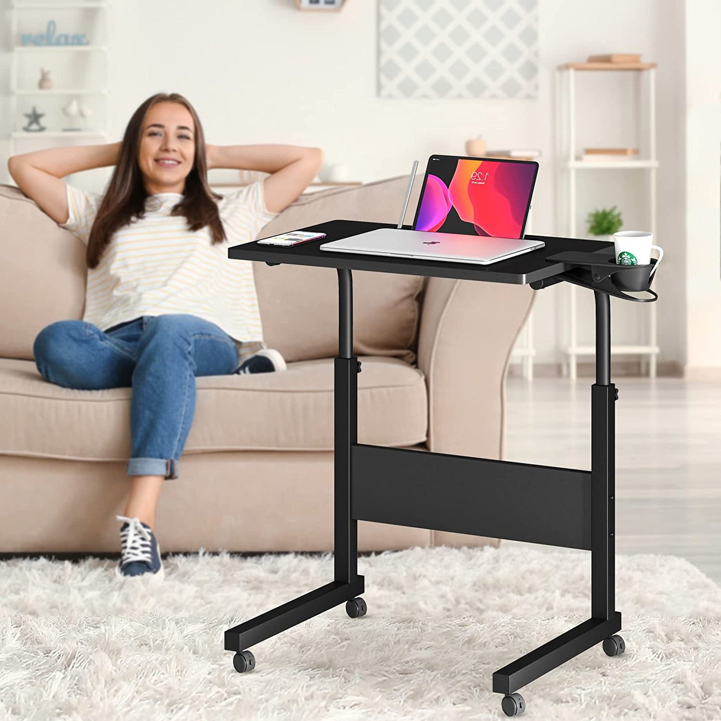 Standing Desk Adjustable Height, Stand up Desk with Cup Holder, Portable Laptop Desk, Mobile Standing Desk, Small Computer Desk, Bedside Table, Black Rolling Desk, Work Desk for Home Office