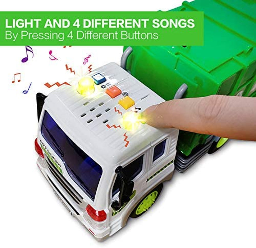 Friction Powered Garbage Truck Toys 1:16 Toy Vehicle with Lights and Sounds for Kids