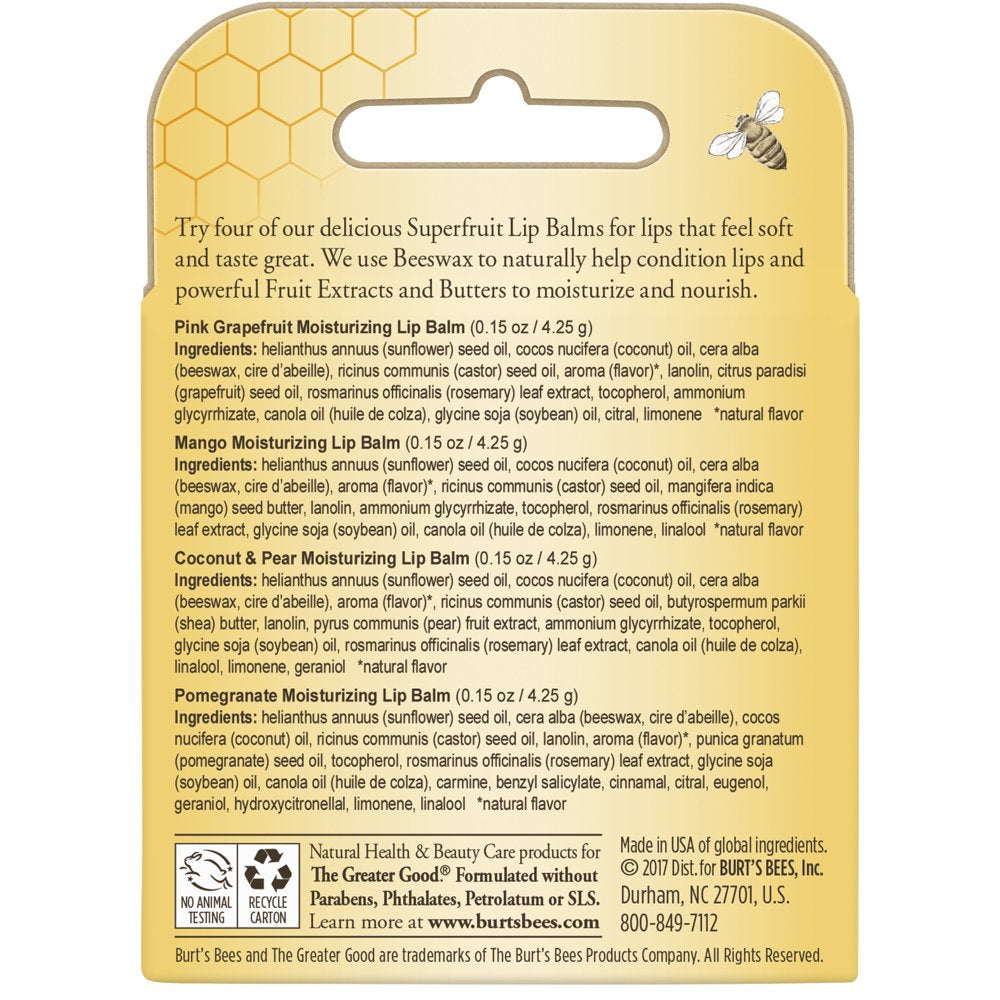 100% Natural Moisturizing Lip Balm with Beeswax, Superfruit, 4 Tubes