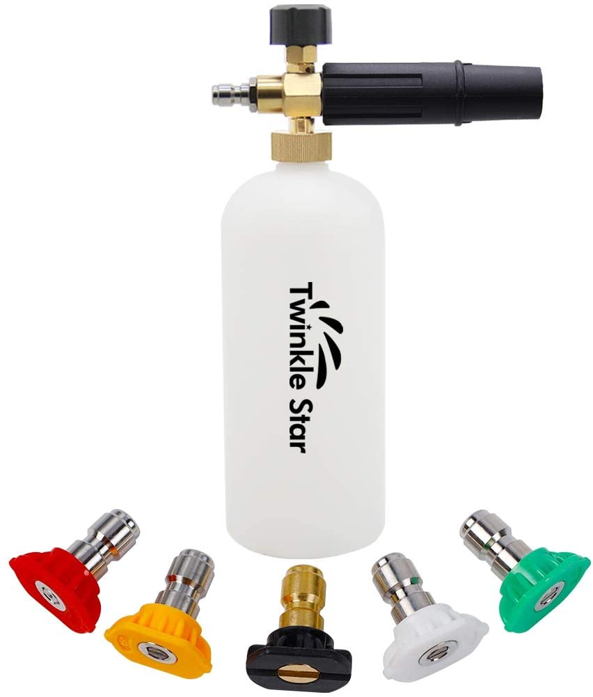 Twinkle Star Foam Cannon 1 L Bottle Snow Foam Lance with 1/4" Quick Connector, 5 Nozzle Tips for Pressure Washer