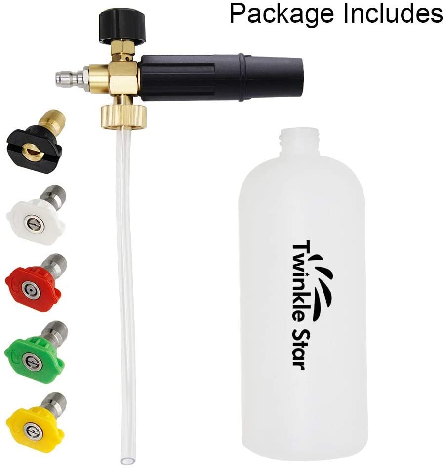 Twinkle Star Foam Cannon 1 L Bottle Snow Foam Lance with 1/4" Quick Connector, 5 Nozzle Tips for Pressure Washer
