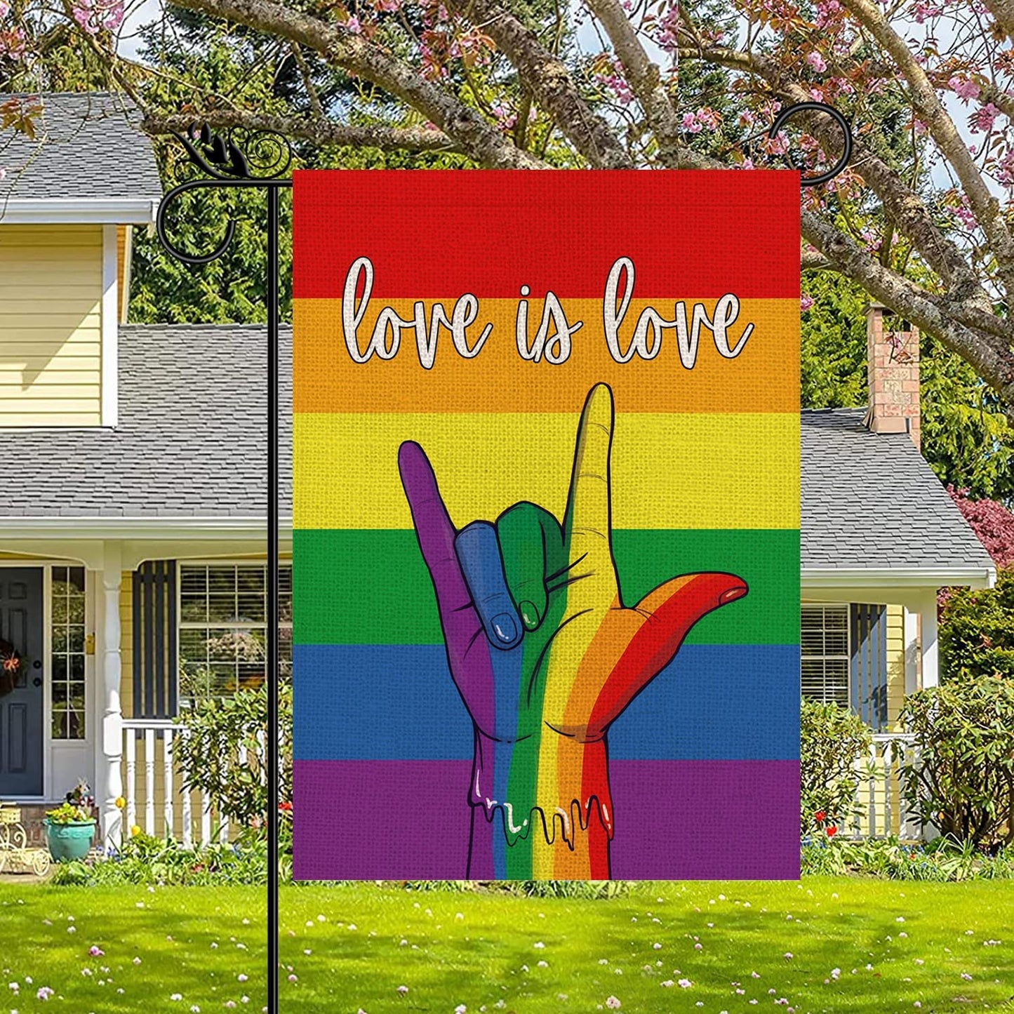 Rainbow Garden Flag Love is Love Rainbow Hand Vertical Double Sided Gay Lesbian LGBT Pansexual Flag Farmhouse Yard Outdoor Decoration 12.5 x 18 Inch
