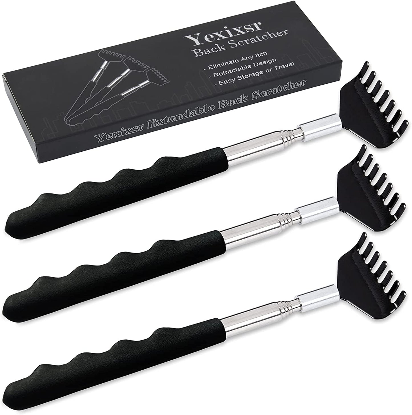 3 Pack Extendable Back Scratcher Portable Telescopic Back Massager Back Scratchers for Men Women Kids Adults, Back Scratching Tool with Rubber Handles