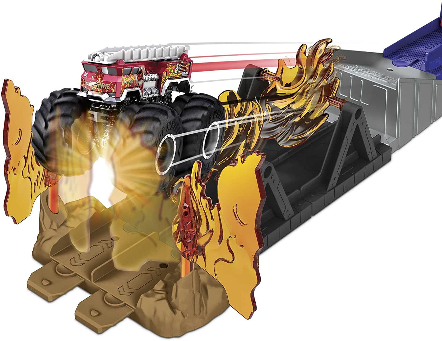 Hot Wheels Monster Trucks Fire through Hero Playset with 1:64 Scale Die-Cast 5 Alarm Vehicle & Launcher, Gift for Kids Ages 3 to 8 Years Old