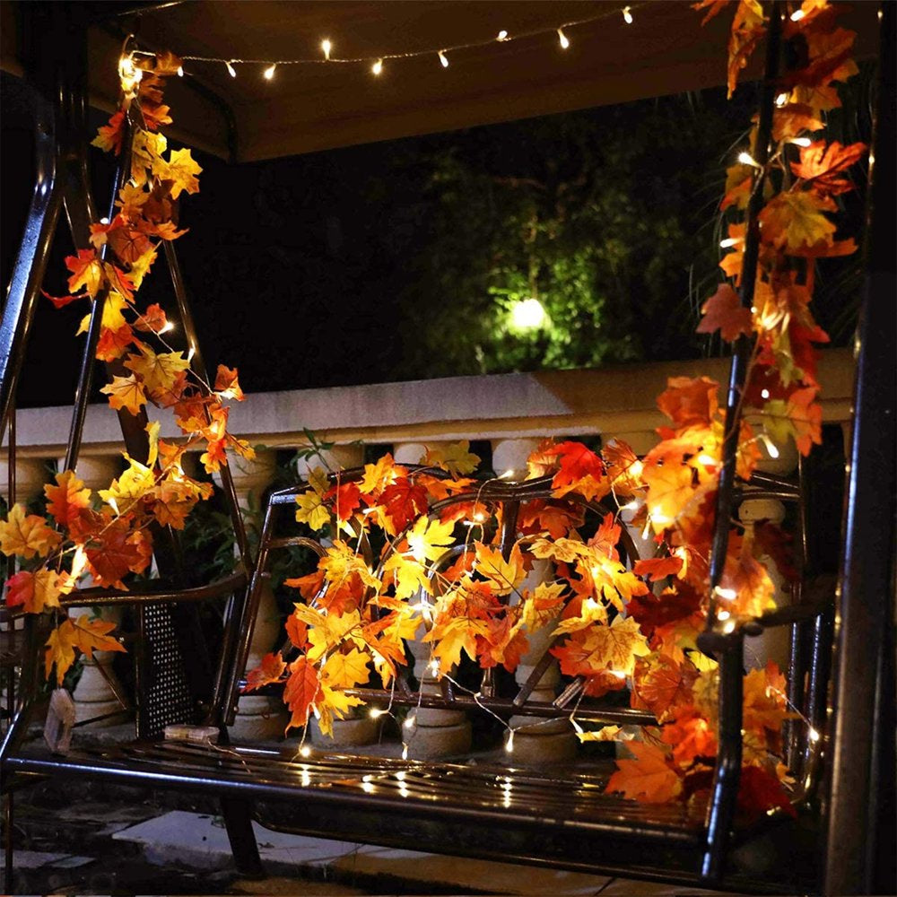 2 Pack Fall Maple Garland with 40 LED for Home Wedding Party Christmas - 5.8Ft/Pc