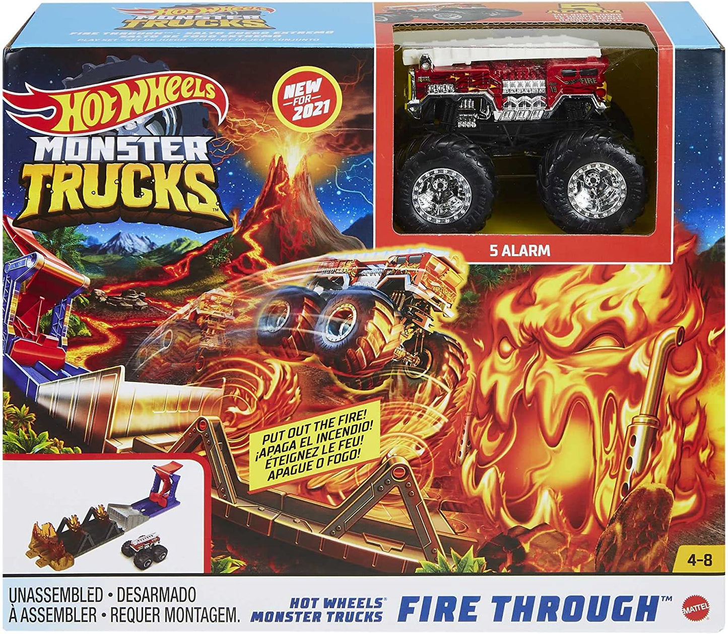 Hot Wheels Monster Trucks Fire through Hero Playset with 1:64 Scale Die-Cast 5 Alarm Vehicle & Launcher, Gift for Kids Ages 3 to 8 Years Old