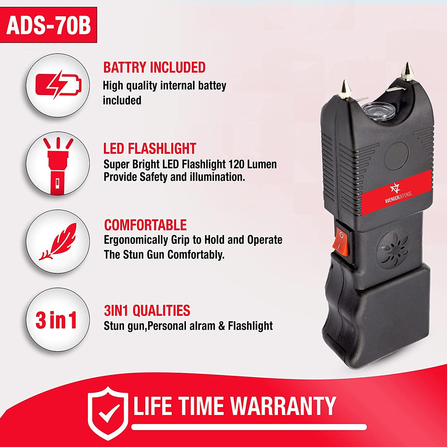 Rechargeable Stun Gun for Self Defense and Protection – Built-In LED Flashlight and Extremely Loud Alarm – Powerful 1.4Uc Electric Charge and 130Db Siren – Metal Prongs